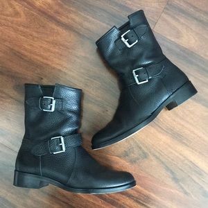 J. Crew Black Leather Moto Boots (Silver Buckles)